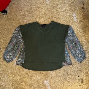 Elegant Olive V-Neck Blouse with Patterned Sleeves